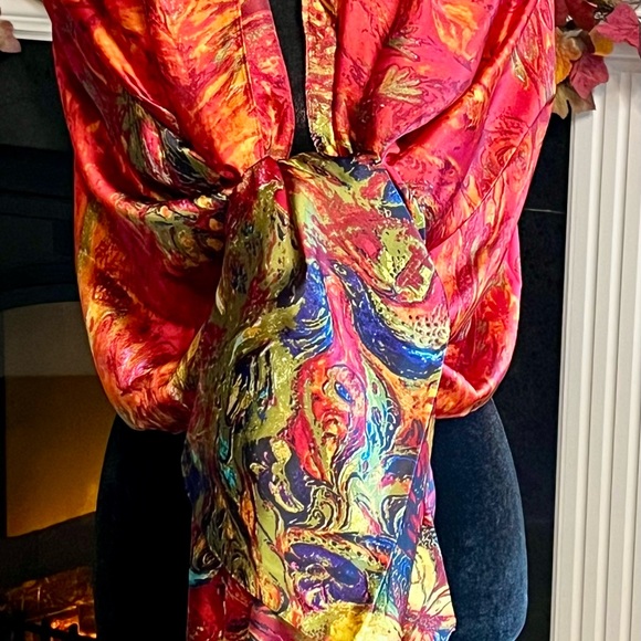Bright Red Shawl/Scarf/Wrap in Vibrant Multicolored Hues. XL  33”x71” - Picture 3 of 7